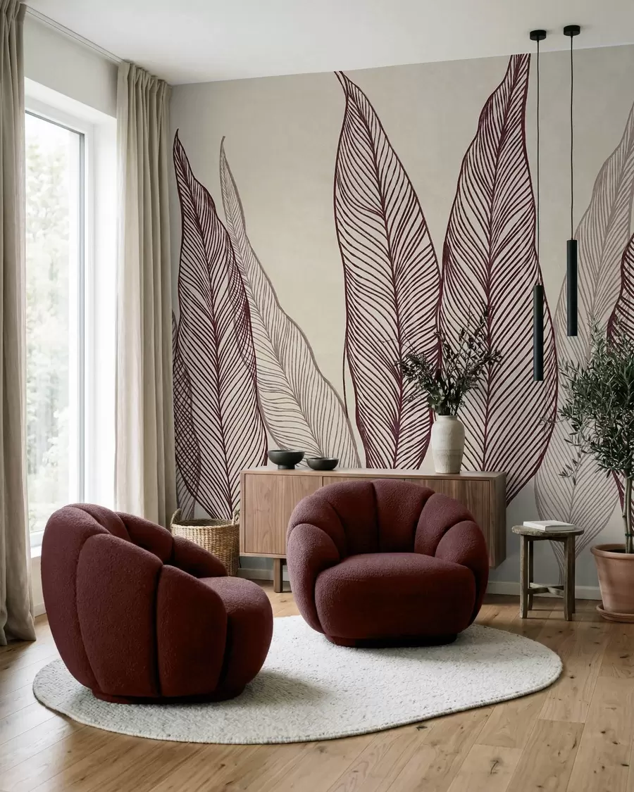 wall murals Стилизовани бордо листови са замршеним линијским детаљима на беж позадини, текстурирана уметност w10030v1