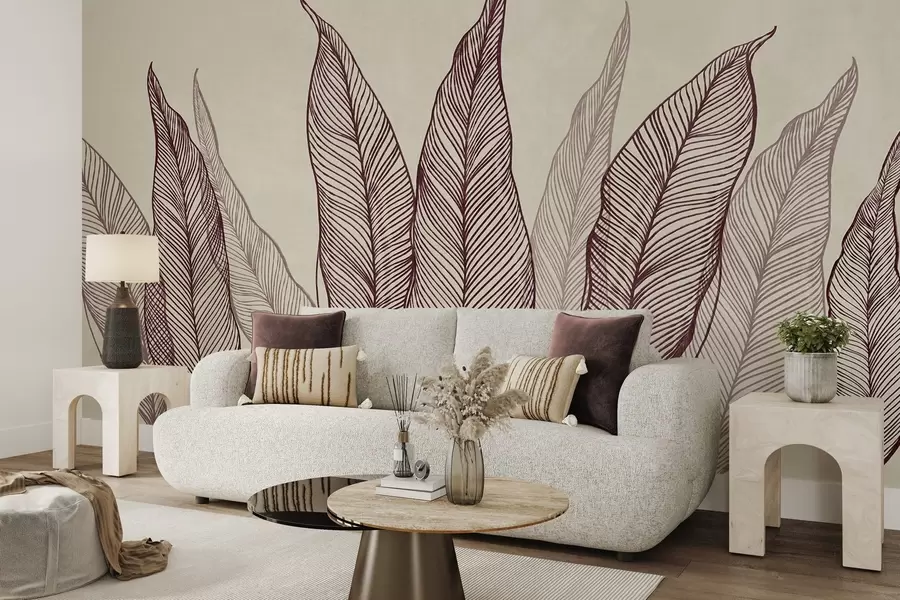 wall murals Стилизовани бордо листови са замршеним линијским детаљима на беж позадини, текстурирана уметност w10030v1