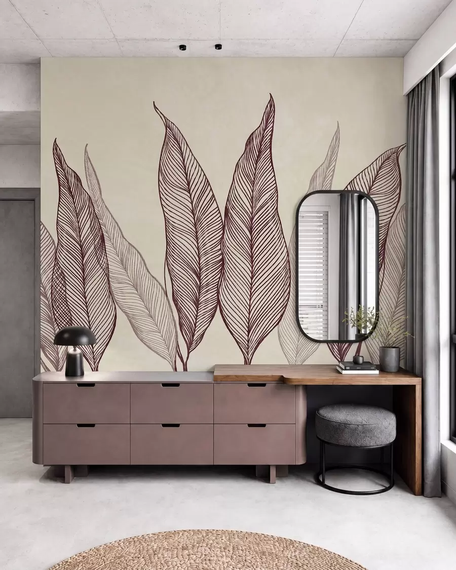 wall murals Стилизовани бордо листови са замршеним линијским детаљима на беж позадини, текстурирана уметност w10030v1