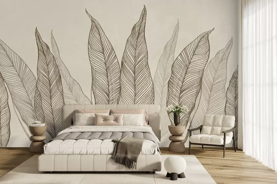 wall murals Стилизовано смеђе лишће са замршеним линијским детаљима на беж позадини, текстурирана уметност w10030v2