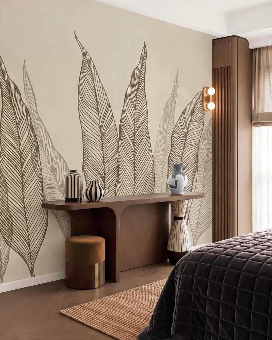 wall murals Стилизовано смеђе лишће са замршеним линијским детаљима на беж позадини, текстурирана уметност w10030v2