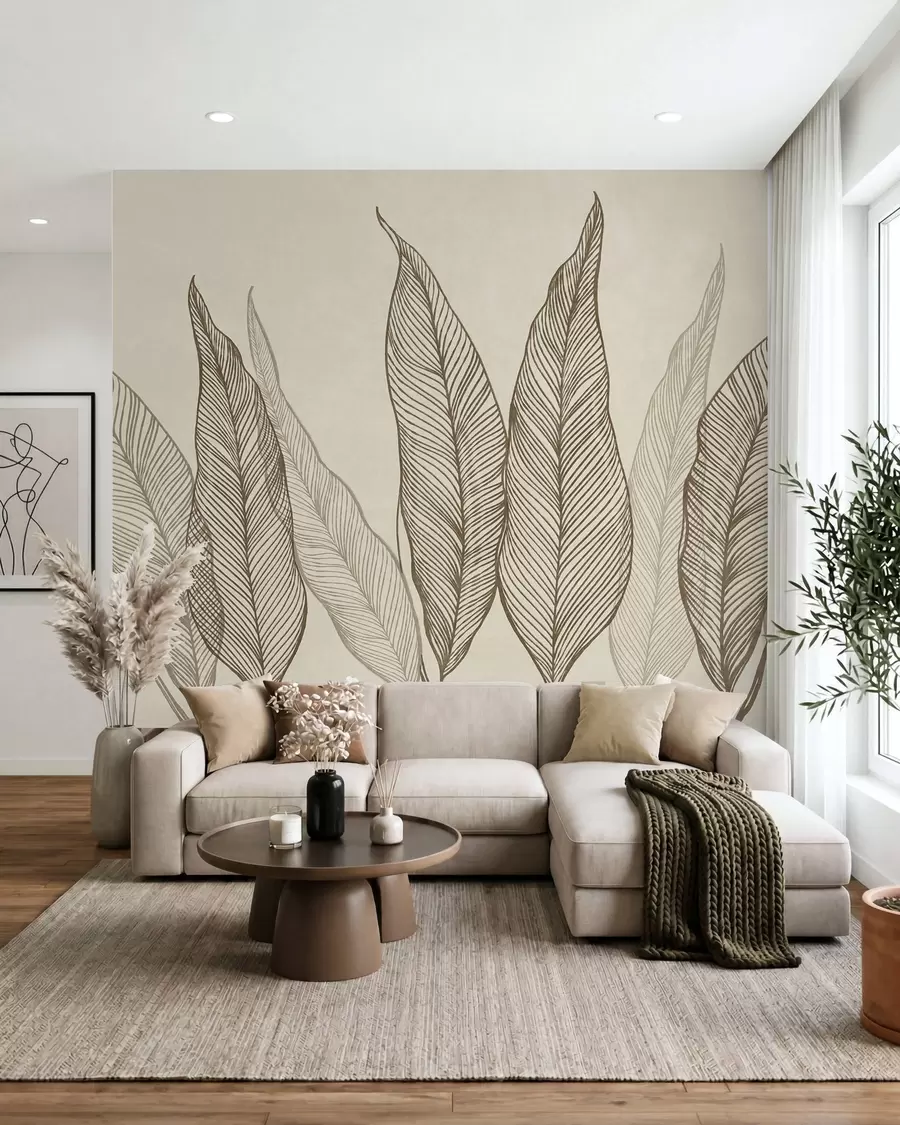 wall murals Стилизовано смеђе лишће са замршеним линијским детаљима на беж позадини, текстурирана уметност w10030v2