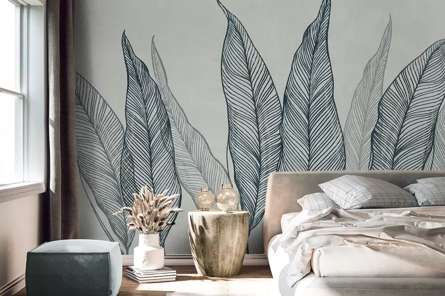 wall murals Стилизовано плаво лишће са замршеним линијским детаљима на сивој позадини, текстурирана уметност w10030v3