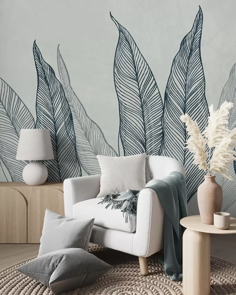 wall murals Стилизовано плаво лишће са замршеним линијским детаљима на сивој позадини, текстурирана уметност w10030v3