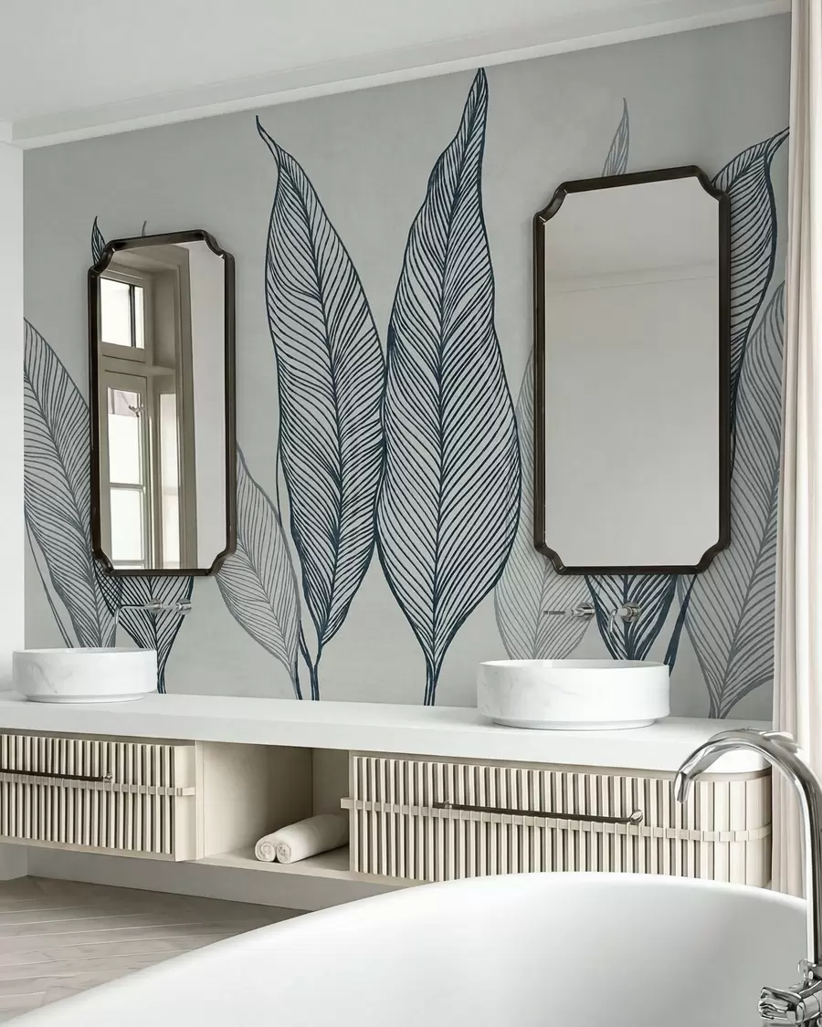 wall murals Стилизовано плаво лишће са замршеним линијским детаљима на сивој позадини, текстурирана уметност w10030v3