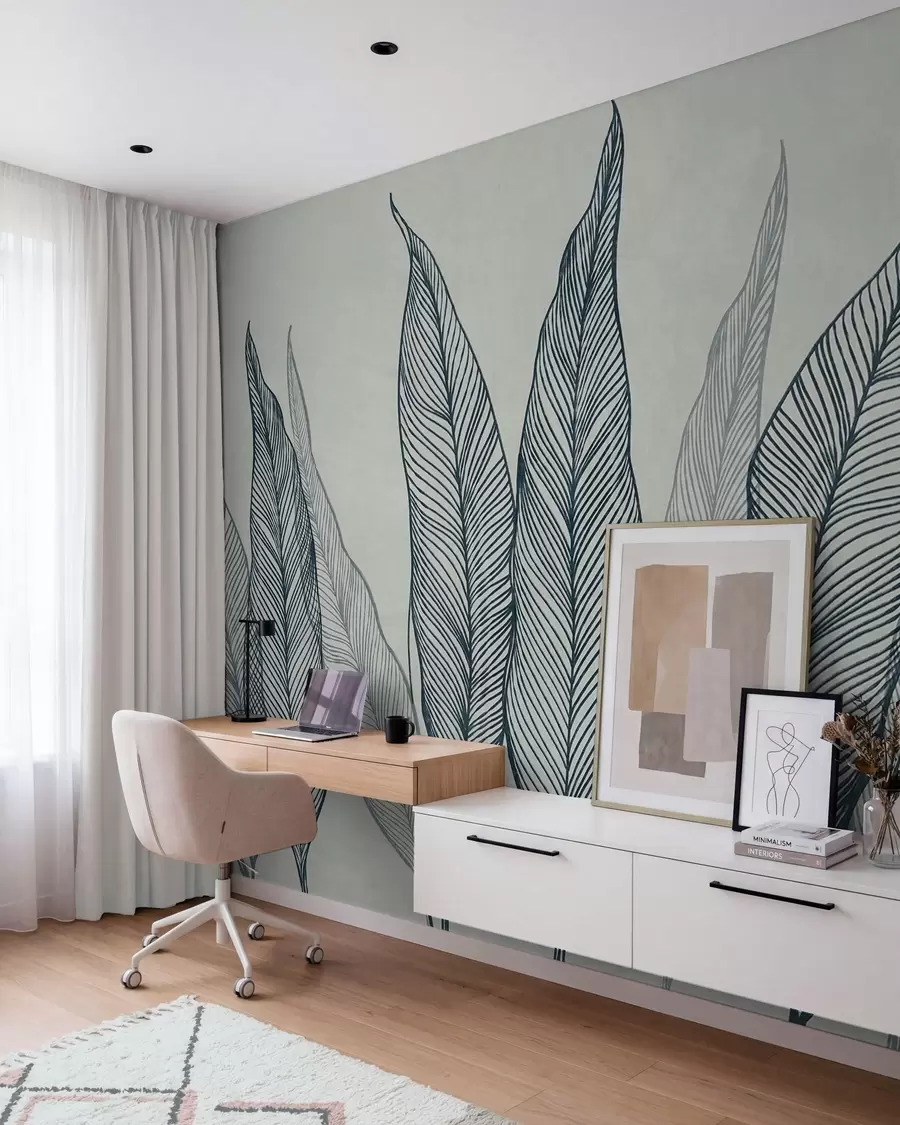 wall murals Стилизовано плаво лишће са замршеним линијским детаљима на сивој позадини, текстурирана уметност w10030v3