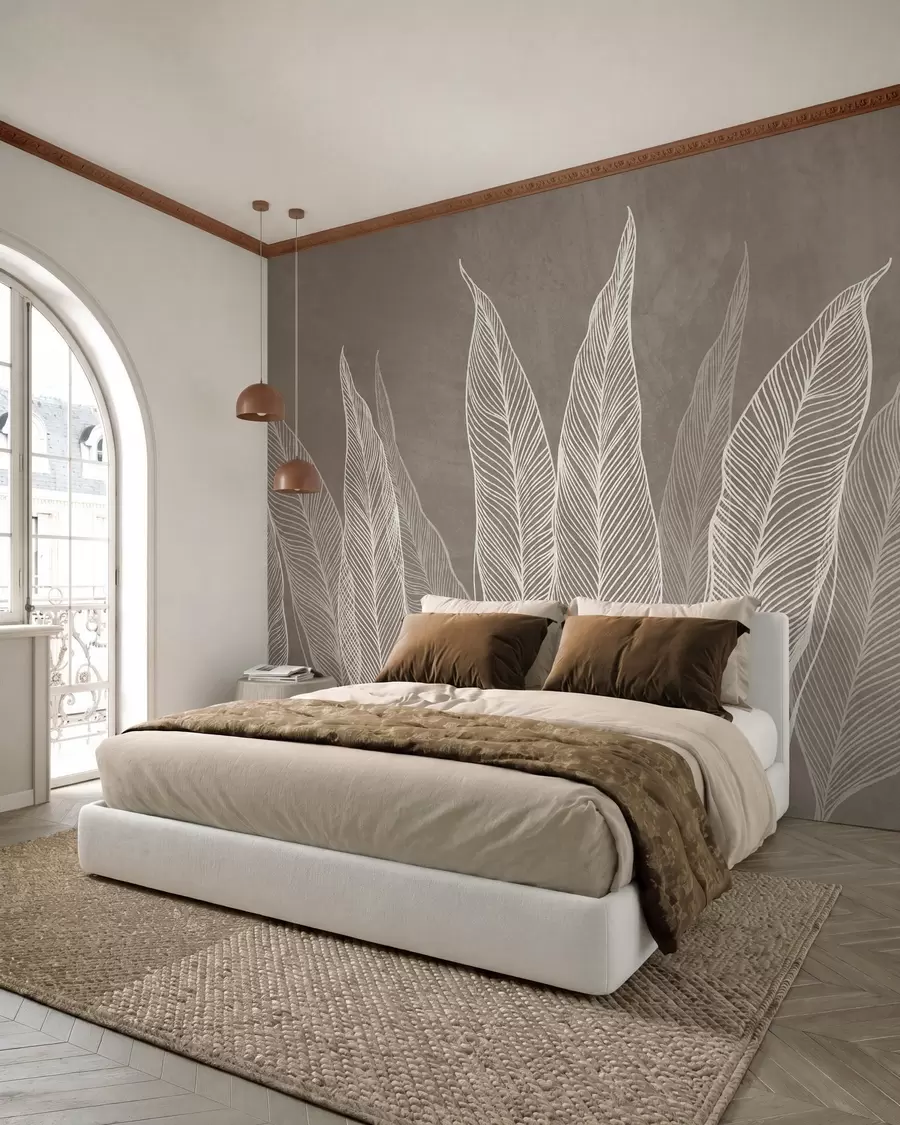 wall murals Стилизовано бело лишће са замршеним линијским детаљима на смеђој позадини, текстурирана уметност w10030v4