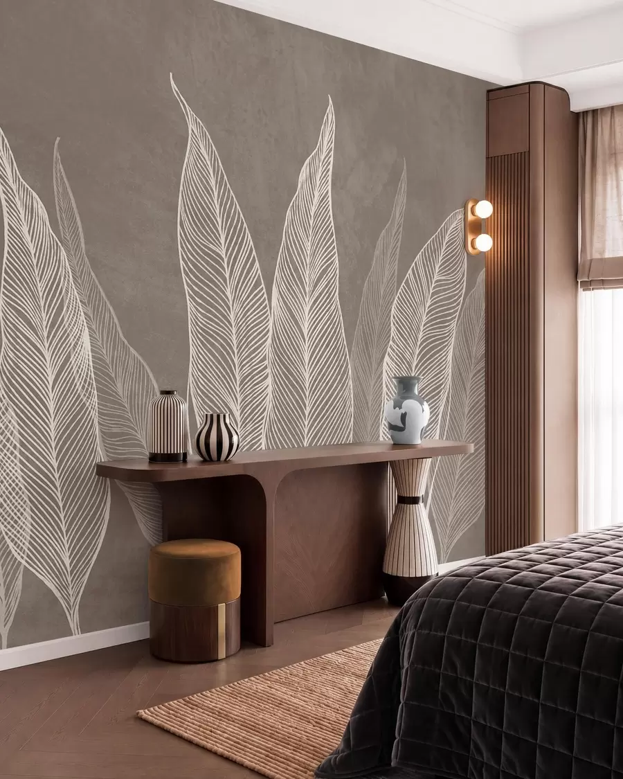 wall murals Стилизовано бело лишће са замршеним линијским детаљима на смеђој позадини, текстурирана уметност w10030v4