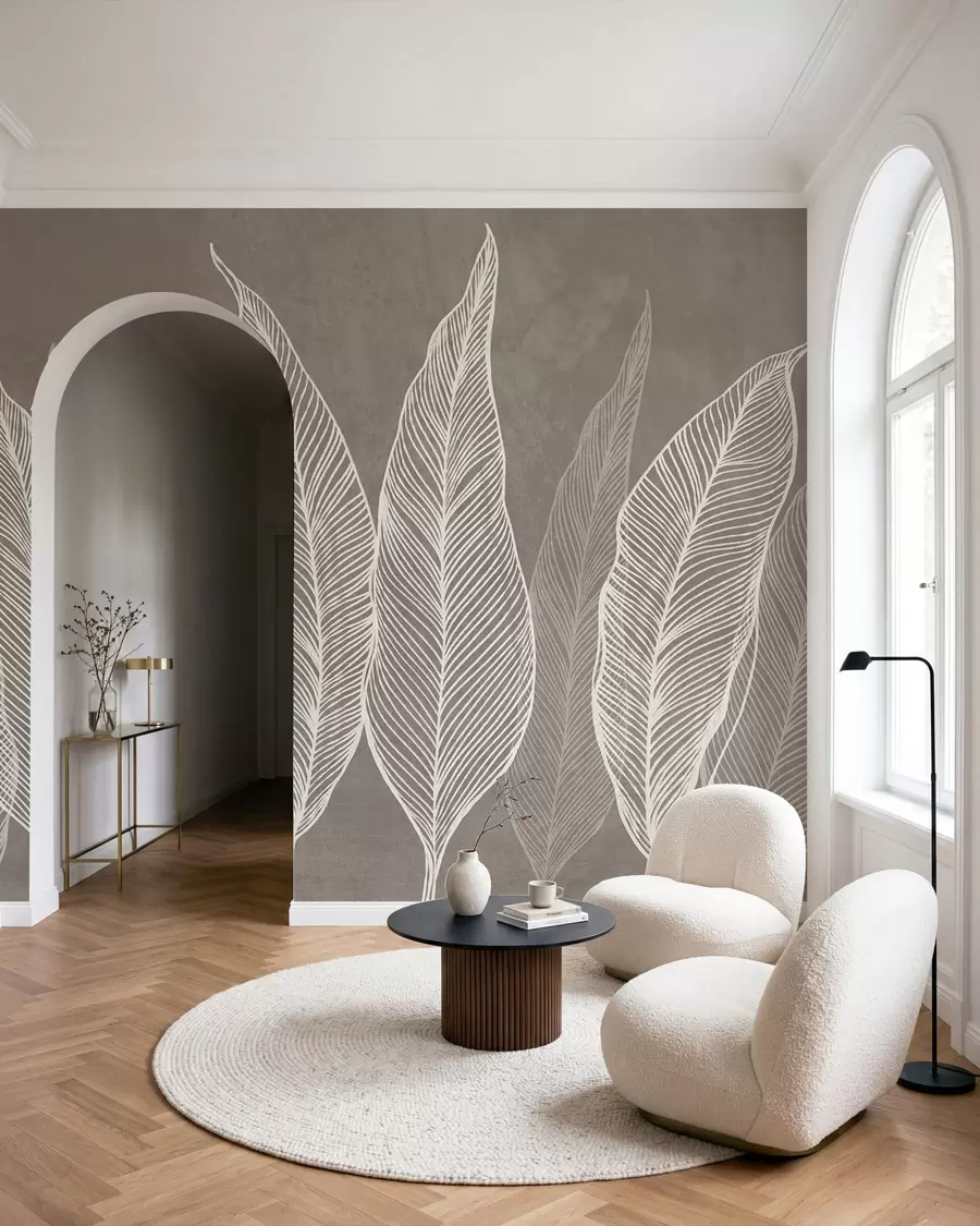 wall murals Стилизовано бело лишће са замршеним линијским детаљима на смеђој позадини, текстурирана уметност w10030v4