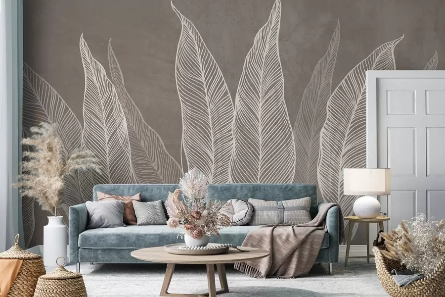 wall murals Стилизовано бело лишће са замршеним линијским детаљима на смеђој позадини, текстурирана уметност w10030v4