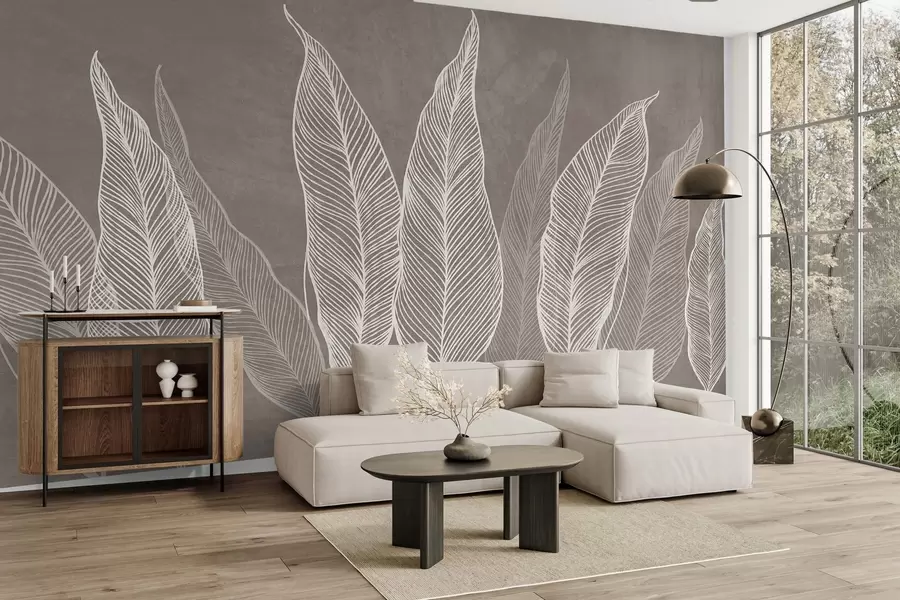 wall murals Стилизовано бело лишће са замршеним линијским детаљима на смеђој позадини, текстурирана уметност w10030v4