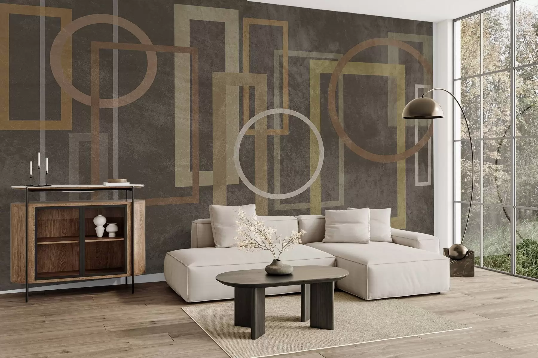 wall murals Геометријски, текстурирани облици, укључујући правоугаонике и кругове, у земљаним тоновима w10031