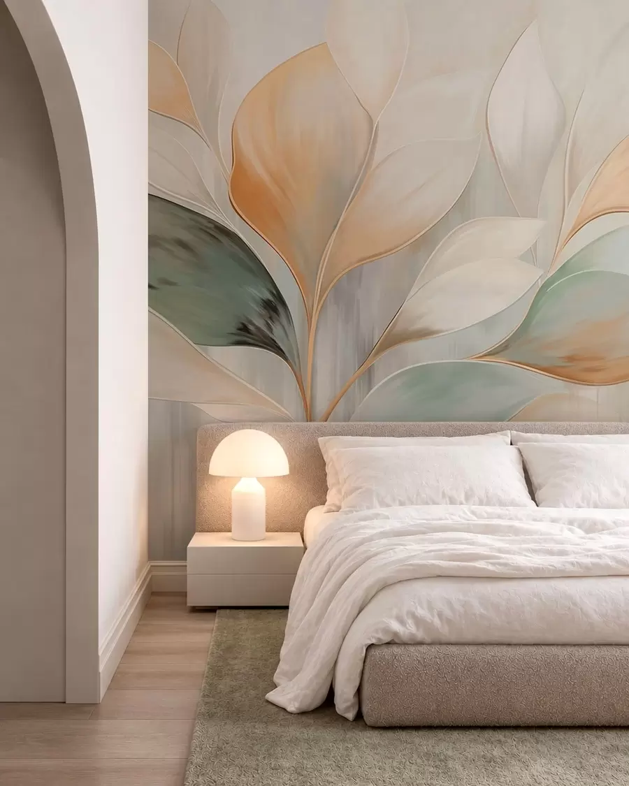 wall murals Апстрактни листови у кремастим, бресквастим и зеленим тоновима w05861