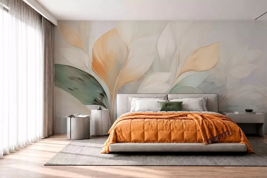 wall murals Апстрактни листови у кремастим, бресквастим и зеленим тоновима w05861