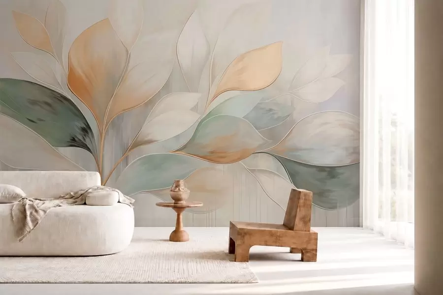 wall murals Апстрактни листови у кремастим, бресквастим и зеленим тоновима w05861