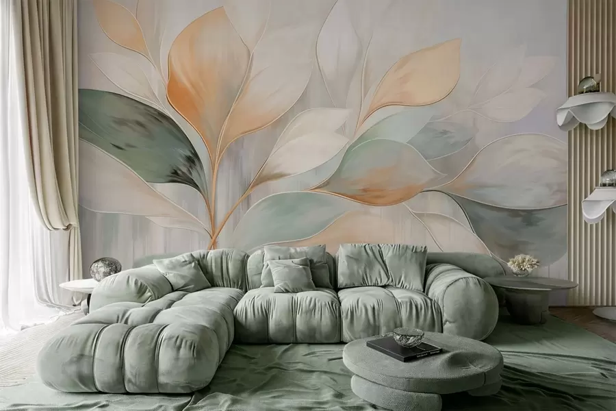 wall murals Апстрактни листови у кремастим, бресквастим и зеленим тоновима w05861