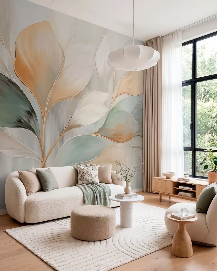 wall murals Апстрактни листови у кремастим, бресквастим и зеленим тоновима w05861
