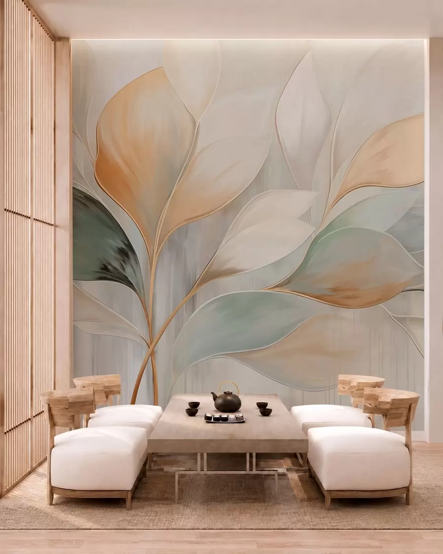 wall murals Апстрактни листови у кремастим, бресквастим и зеленим тоновима w05861
