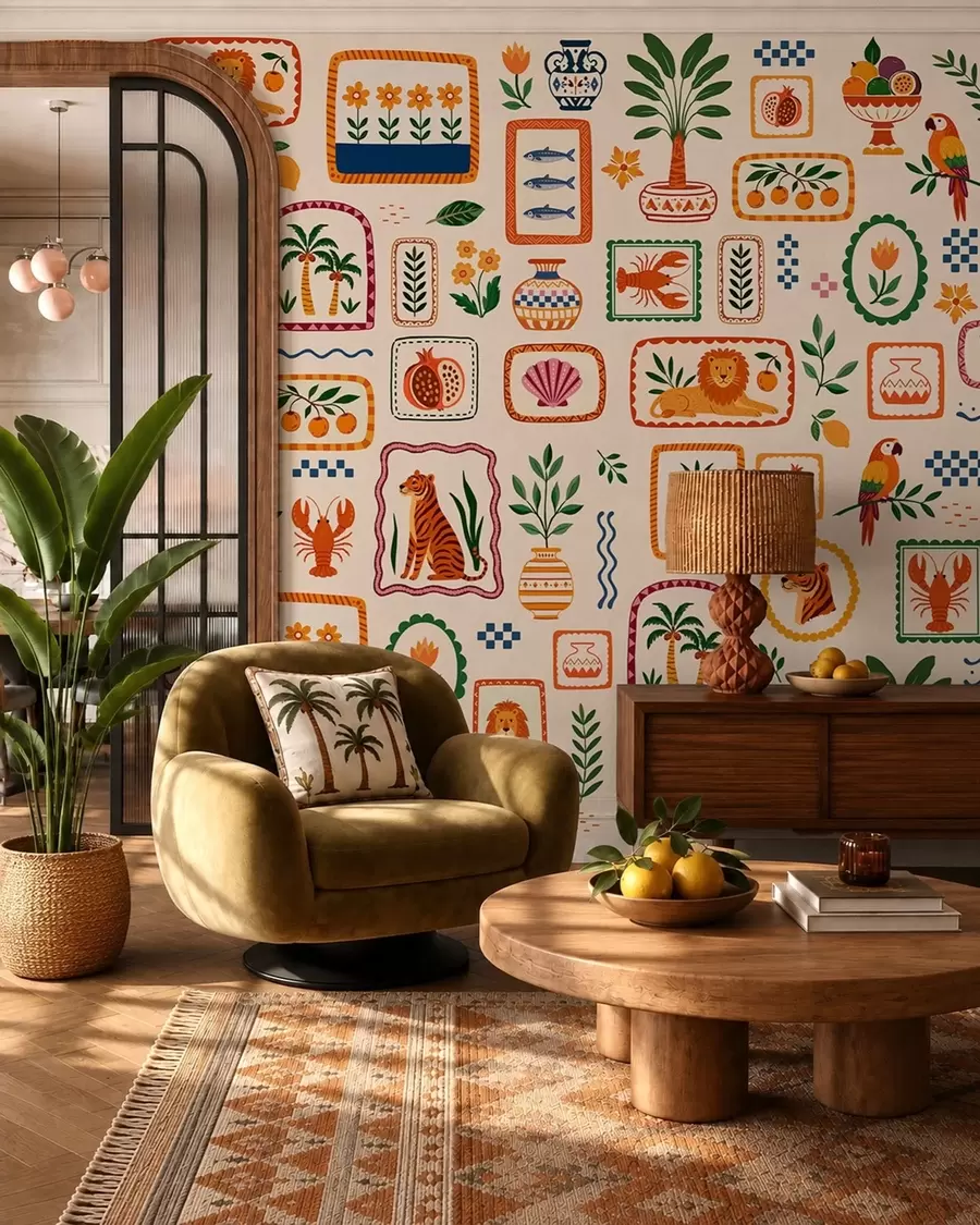 wall murals Шарени узорак са животињама, биљкама и воћем w05885