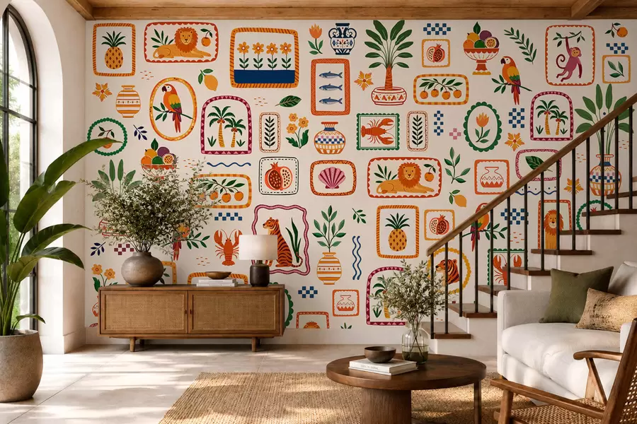 wall murals Шарени узорак са животињама, биљкама и воћем w05885