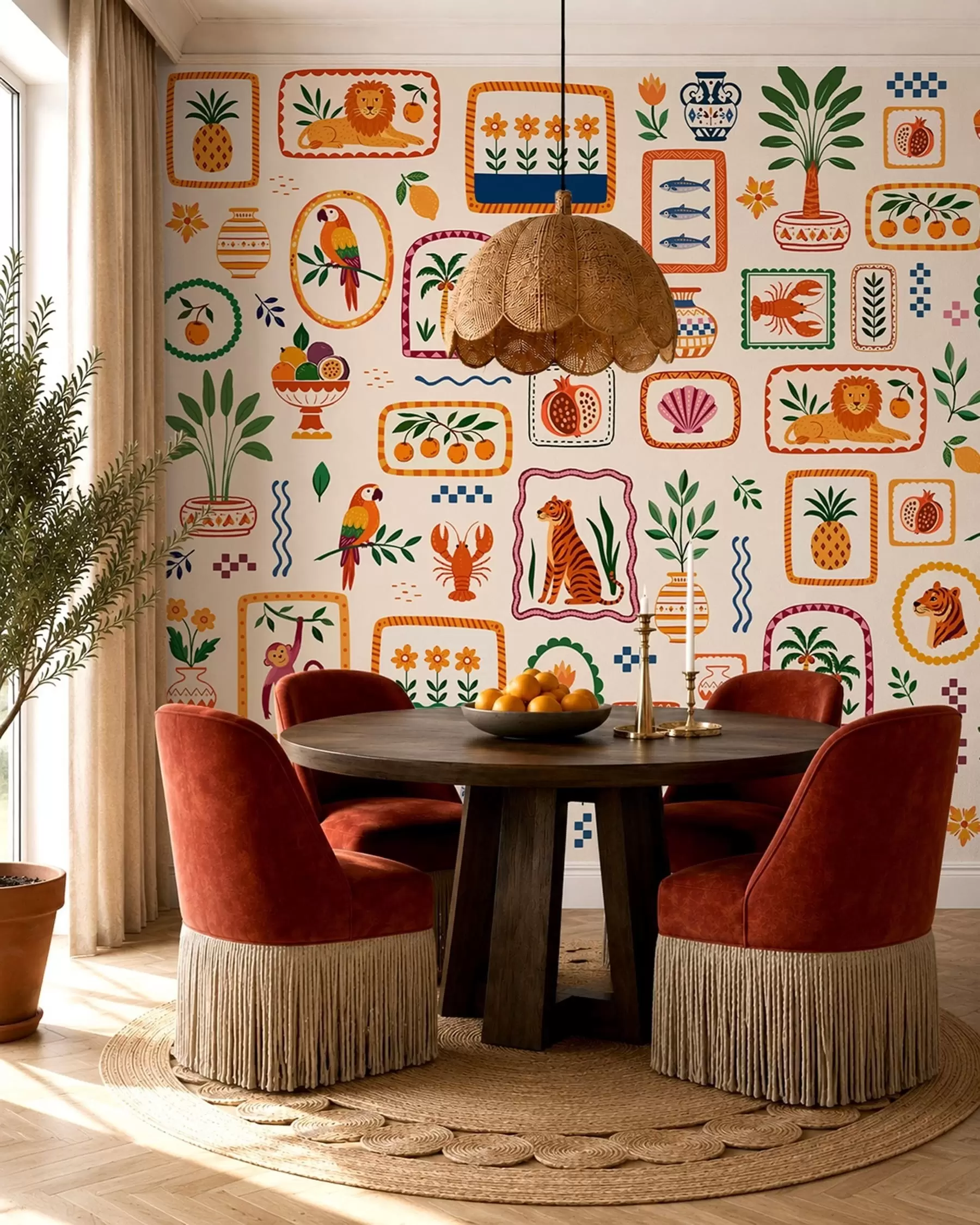 wall murals Шарени узорак са животињама, биљкама и воћем w05885