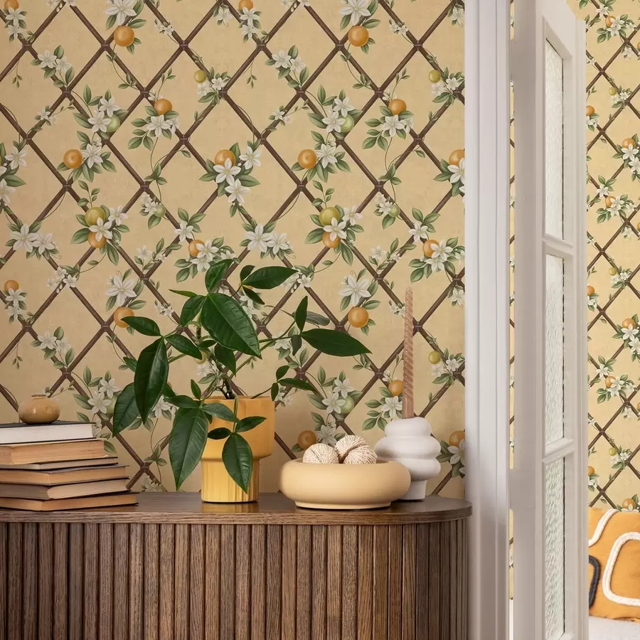 wall murals Цвеће и цитруси на кремастој позадини са решетком a01261v2