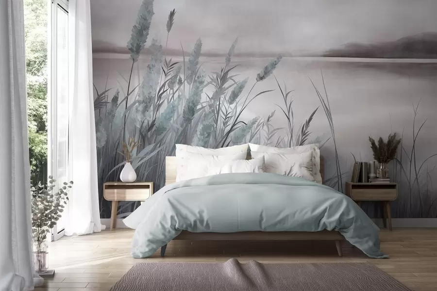 wall murals Висока, сува трава и трска у првом плану, текстурирани пејзаж, пастелне боје w10017v1