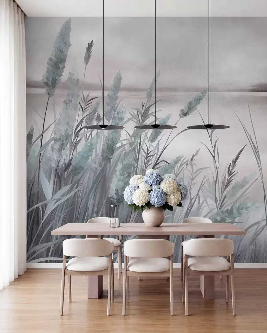 wall murals Висока, сува трава и трска у првом плану, текстурирани пејзаж, пастелне боје w10017v1