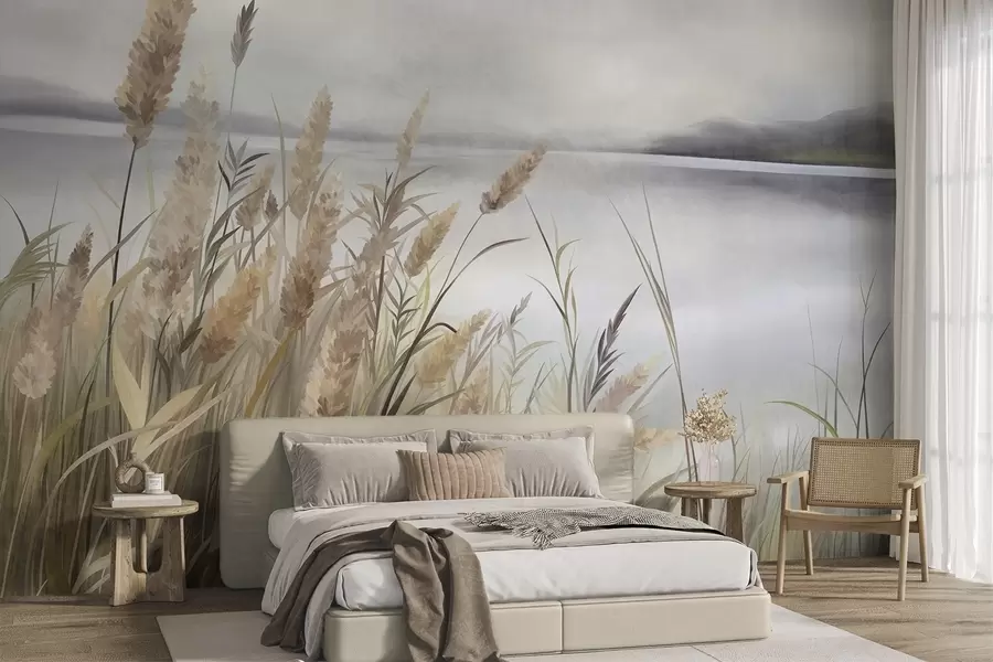 wall murals Висока, сува трава и трска у првом плану, текстурирани пејзаж, пастелне боје w10017
