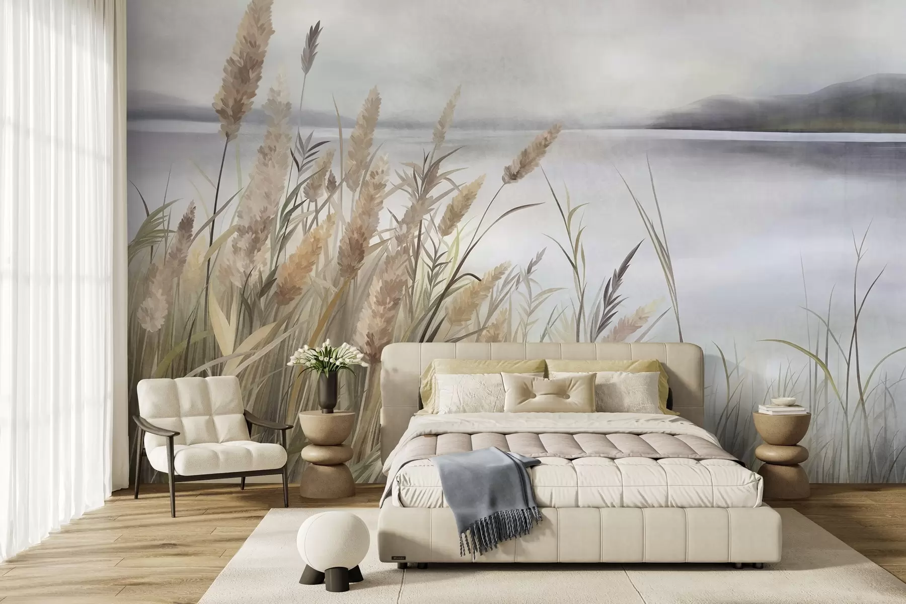 wall murals Висока, сува трава и трска у првом плану, текстурирани пејзаж, пастелне боје w10017
