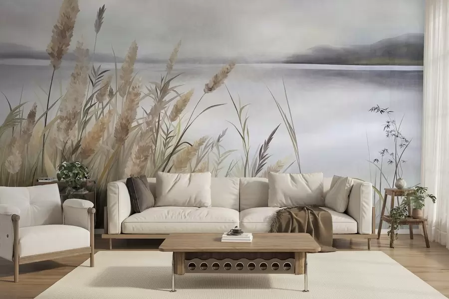 wall murals Висока, сува трава и трска у првом плану, текстурирани пејзаж, пастелне боје w10017