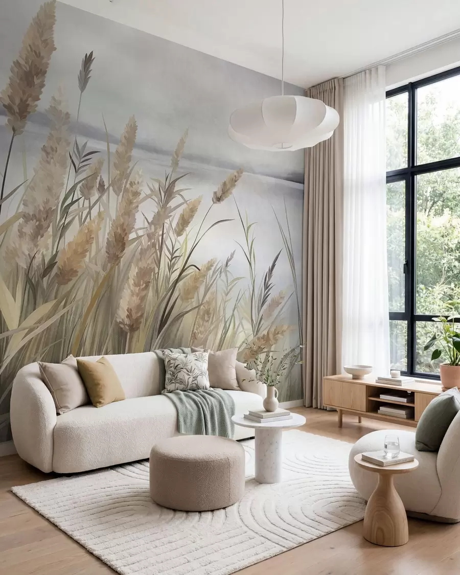 wall murals Висока, сува трава и трска у првом плану, текстурирани пејзаж, пастелне боје w10017
