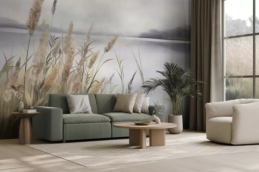 wall murals Висока, сува трава и трска у првом плану, текстурирани пејзаж, пастелне боје w10017