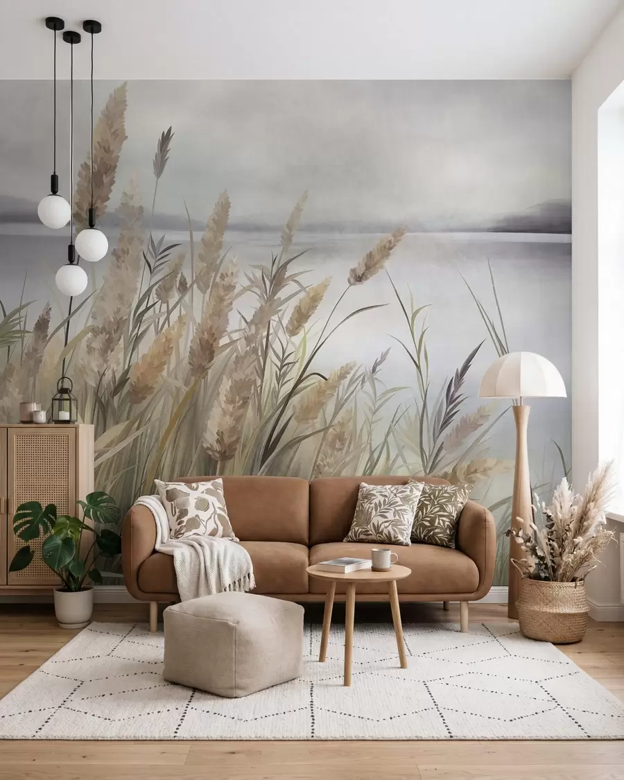 wall murals Висока, сува трава и трска у првом плану, текстурирани пејзаж, пастелне боје w10017