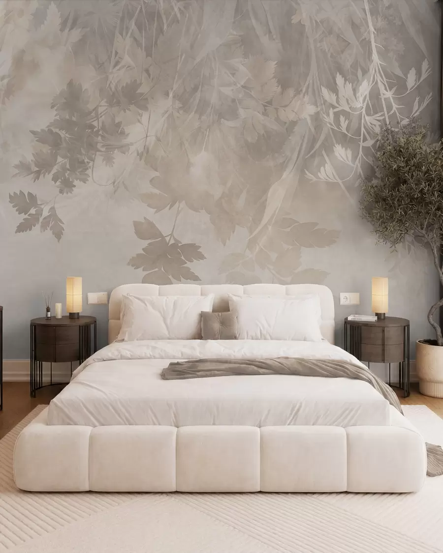 wall murals Текстурирано лишће и гране на мекој, пригушеној беж позадини w10020