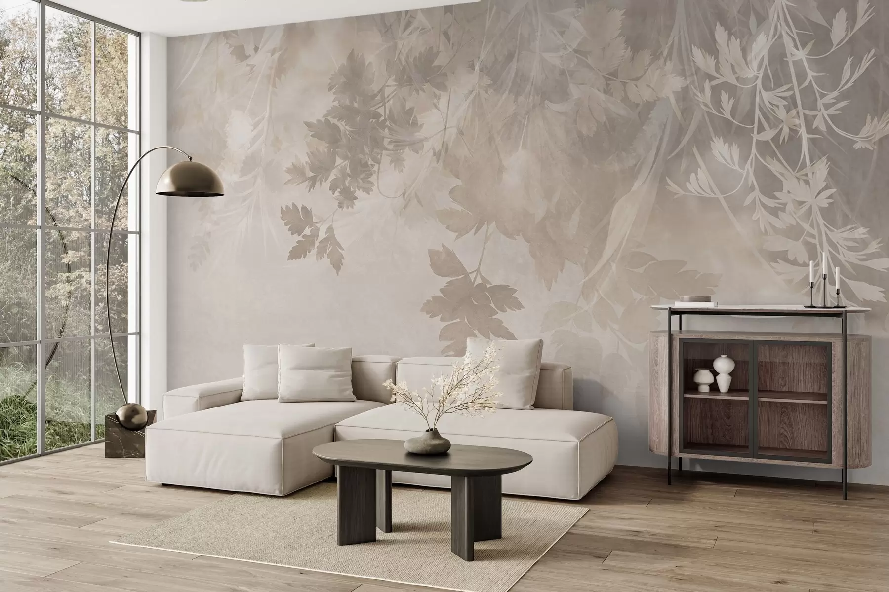 wall murals Текстурирано лишће и гране на мекој, пригушеној беж позадини w10020