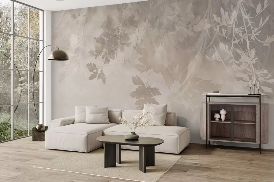 wall murals Текстурирано лишће и гране на мекој, пригушеној беж позадини w10020