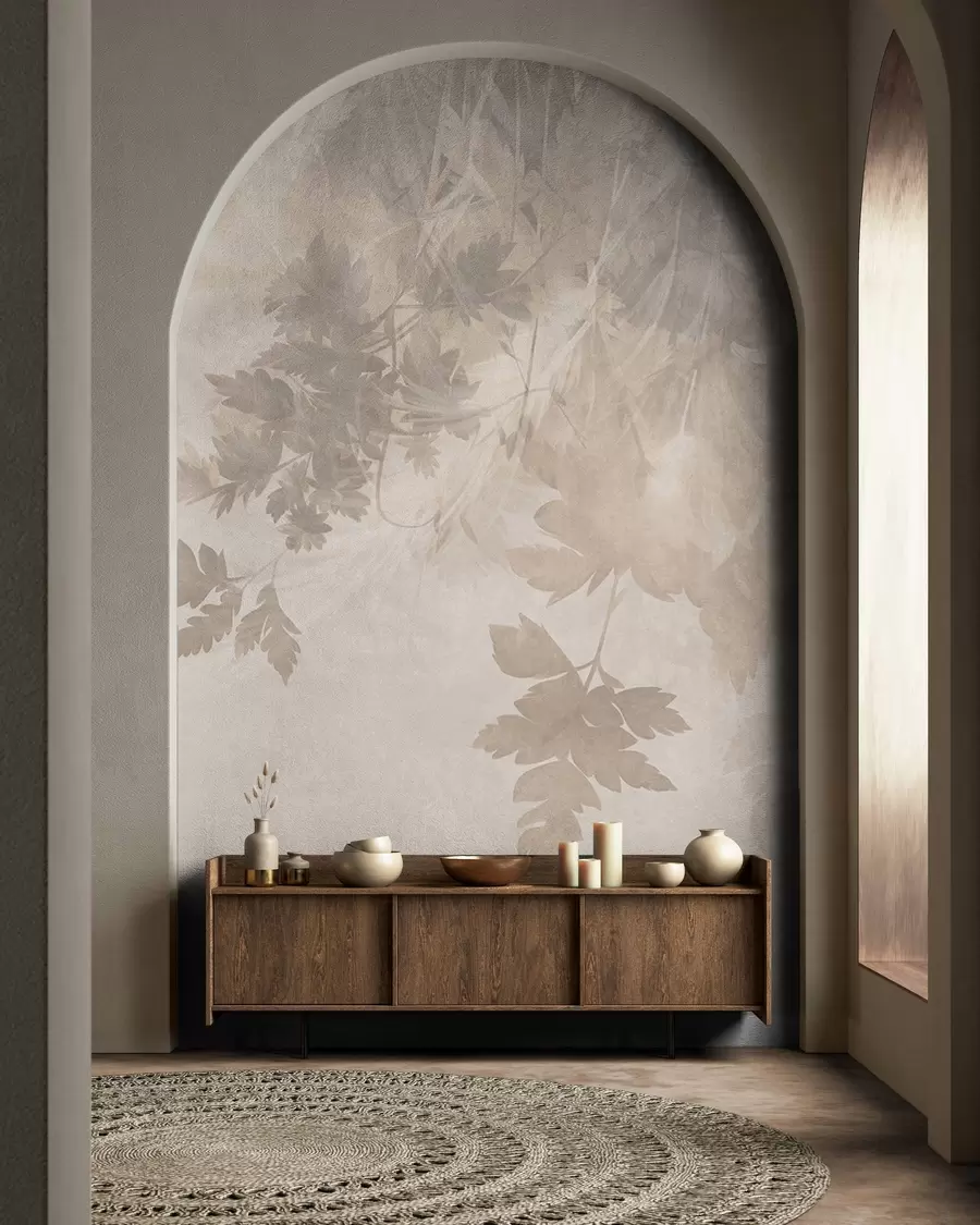 wall murals Текстурирано лишће и гране на мекој, пригушеној беж позадини w10020