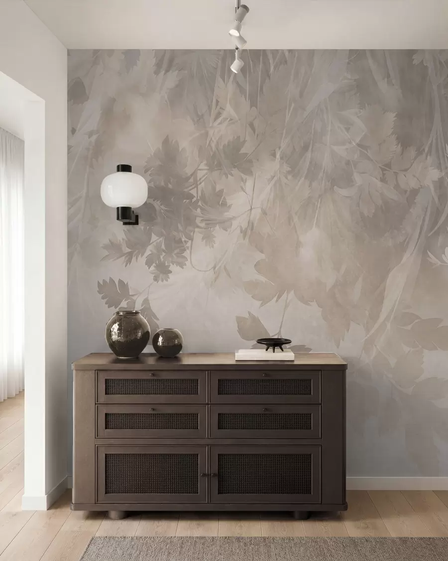 wall murals Текстурирано лишће и гране на мекој, пригушеној беж позадини w10020