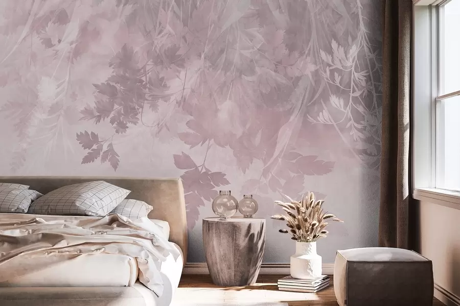 wall murals Текстурирано лишће и гране на мекој, пригушеној ружичастој позадини w10020v1