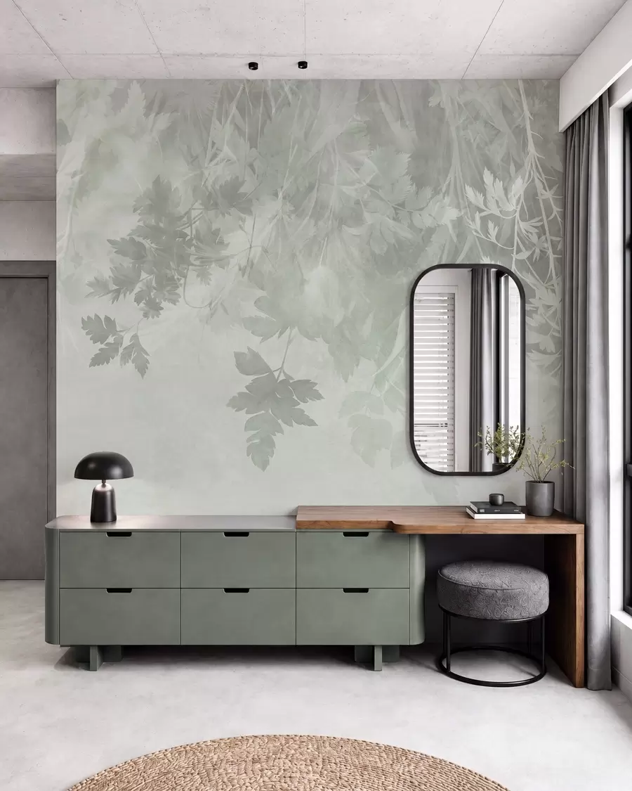 wall murals Текстурирано лишће и гране на мекој, пригушеној зеленој позадини w10020v2