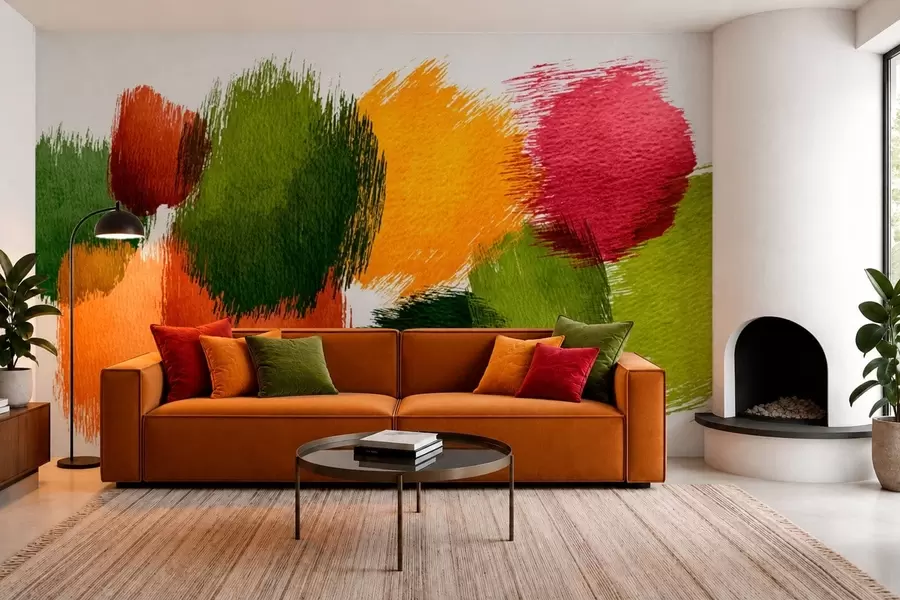 wall murals Апстрактни потези зелене, наранџасте и ружичасте боје w05859