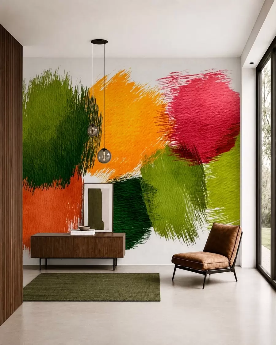 wall murals Апстрактни потези зелене, наранџасте и ружичасте боје w05859