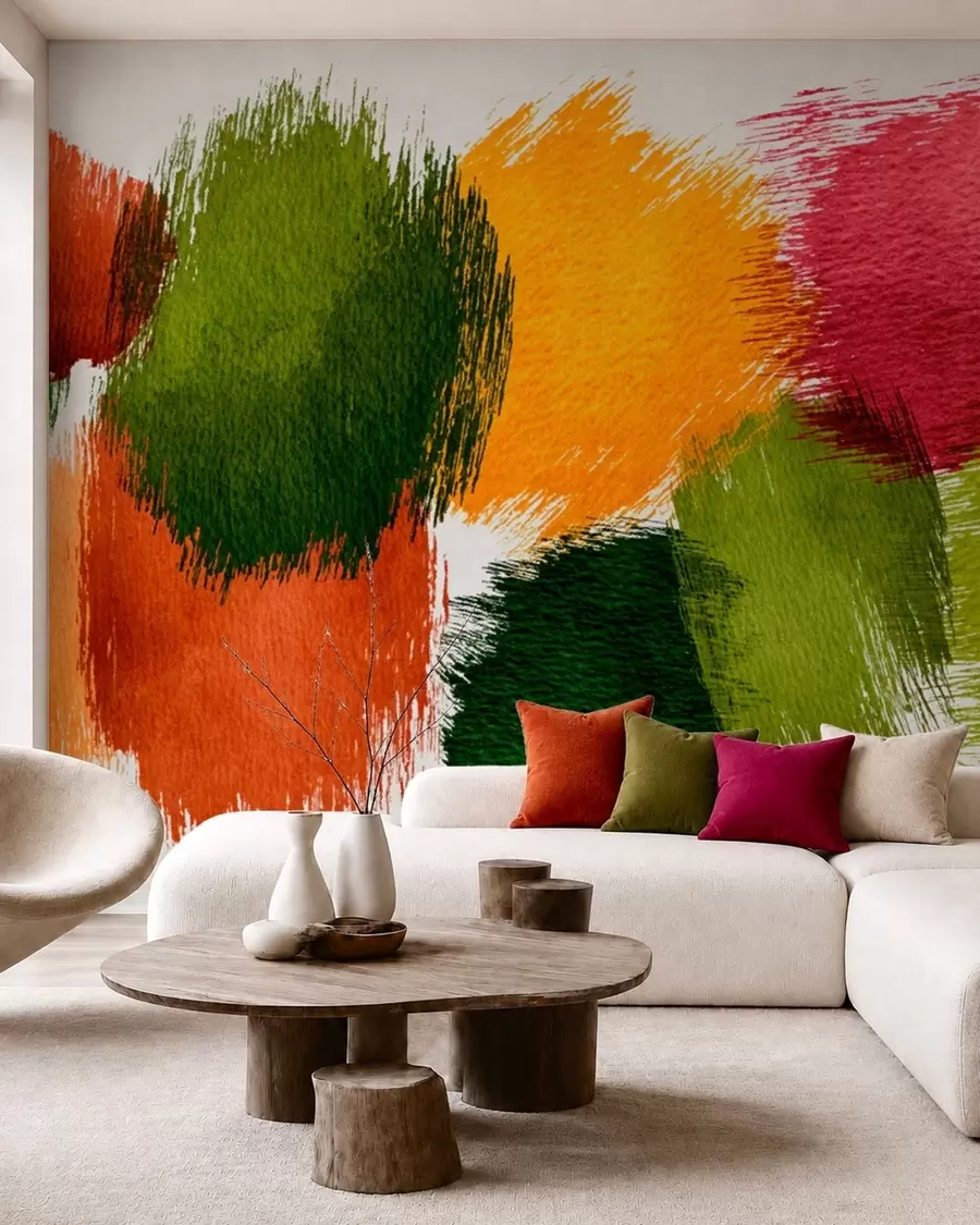wall murals Апстрактни потези зелене, наранџасте и ружичасте боје w05859