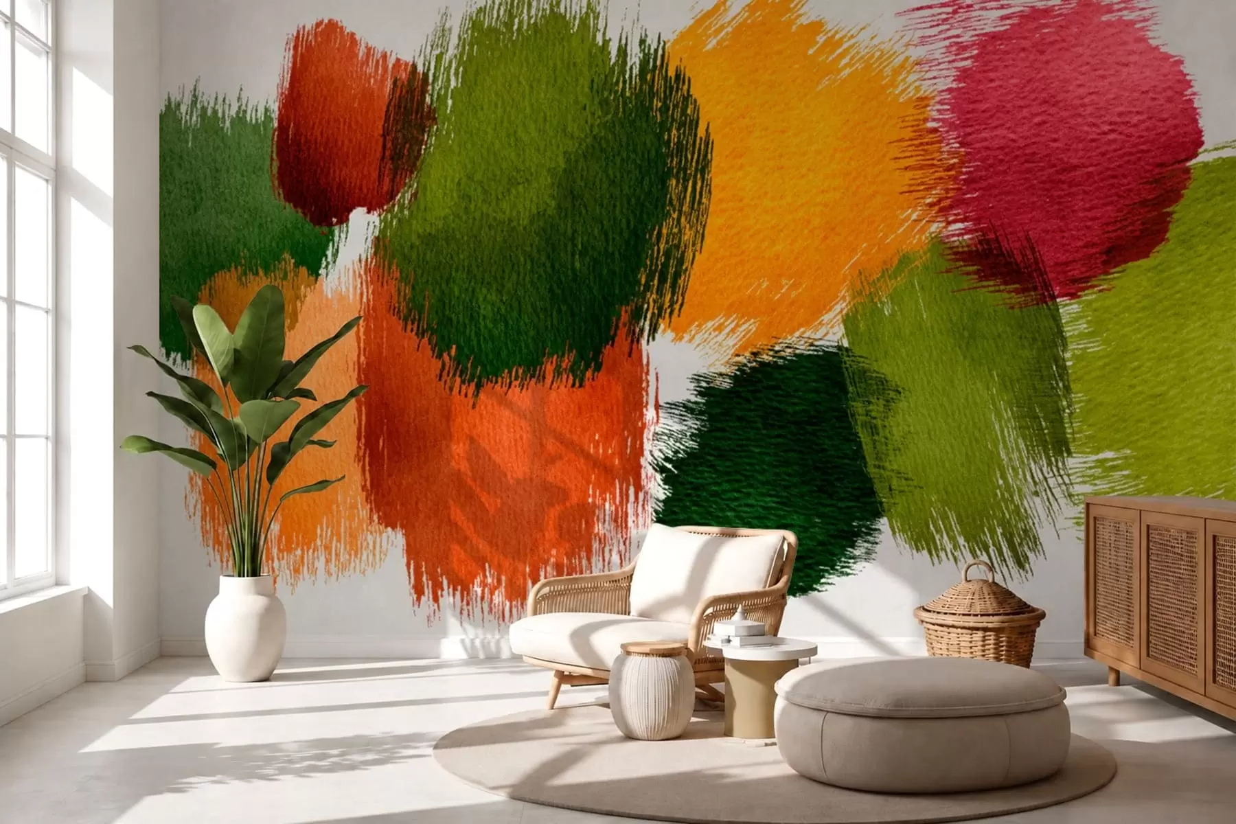 wall murals Апстрактни потези зелене, наранџасте и ружичасте боје w05859