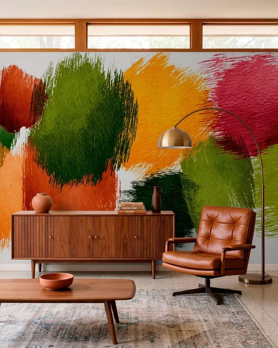 wall murals Апстрактни потези зелене, наранџасте и ружичасте боје w05859