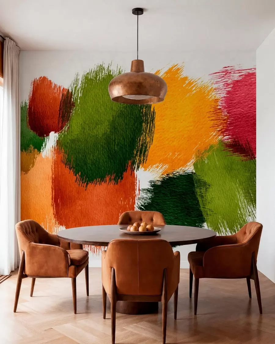 wall murals Апстрактни потези зелене, наранџасте и ружичасте боје w05859