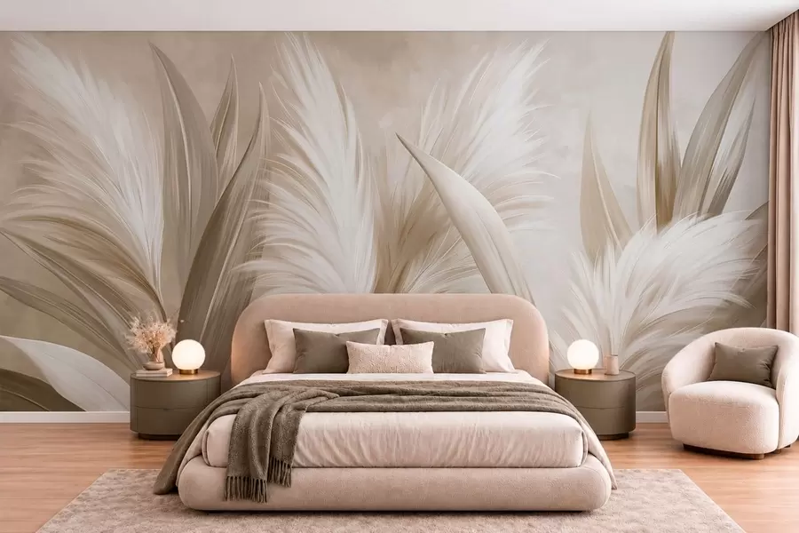 wall murals Бледо декоративно лишће и пернати цветови w05863