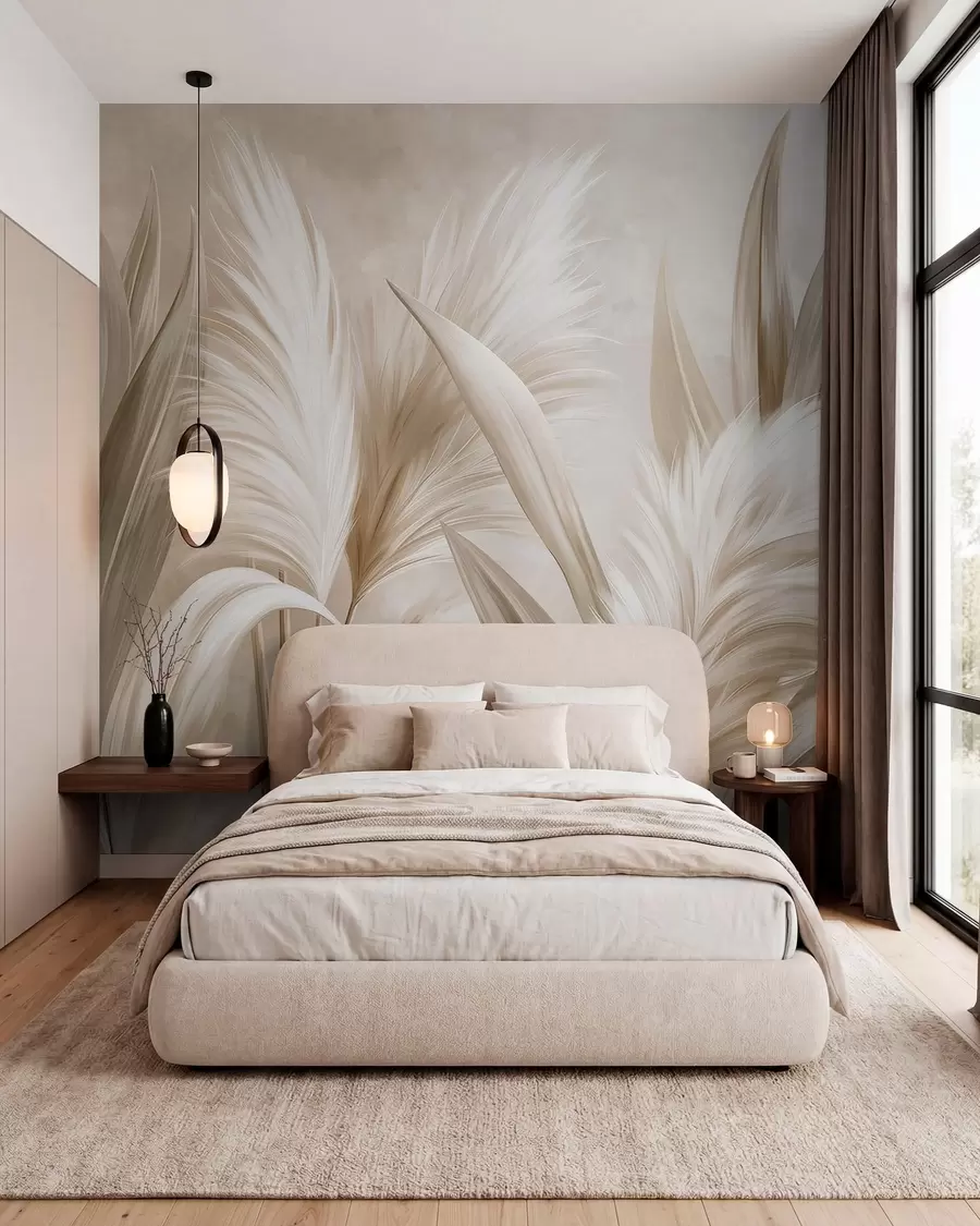 wall murals Бледо декоративно лишће и пернати цветови w05863