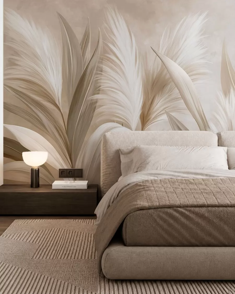 wall murals Бледо декоративно лишће и пернати цветови w05863